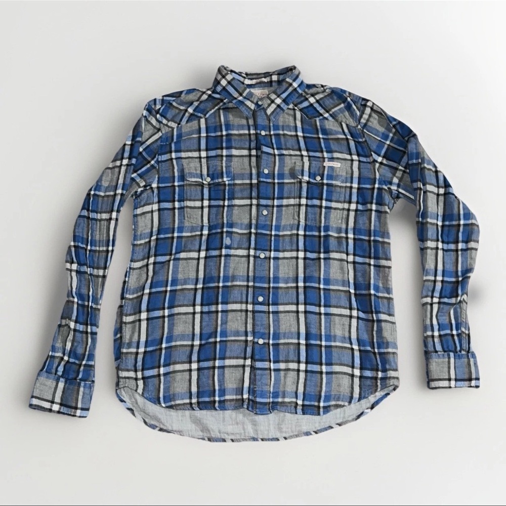 Lucky Brand Mens Western Shirt Large Classic Fit Blue Plaid Pearl Snap Flannel